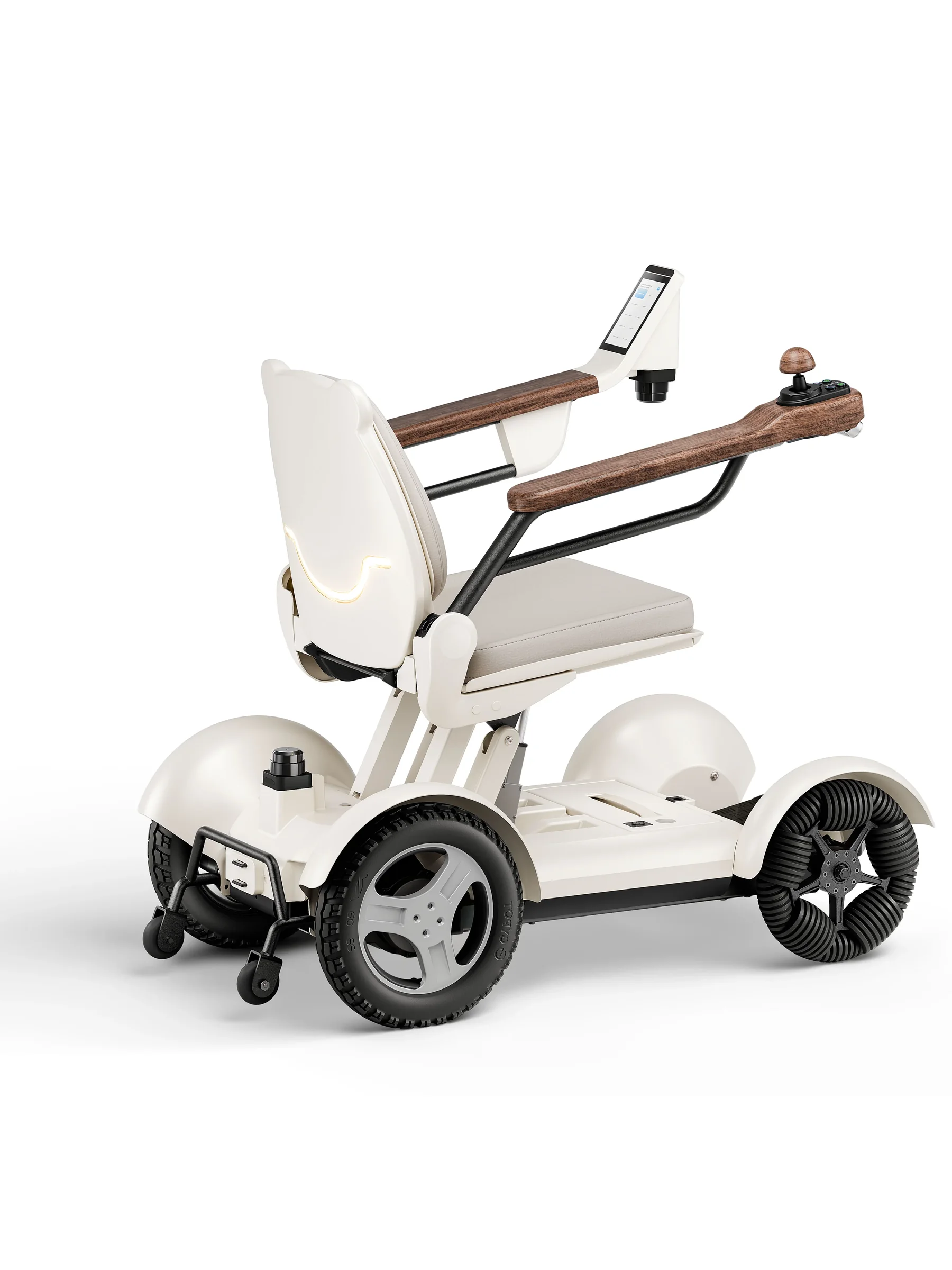 Rear three-quarter view of CIHANG showing the backrest light, walnut armrests and display