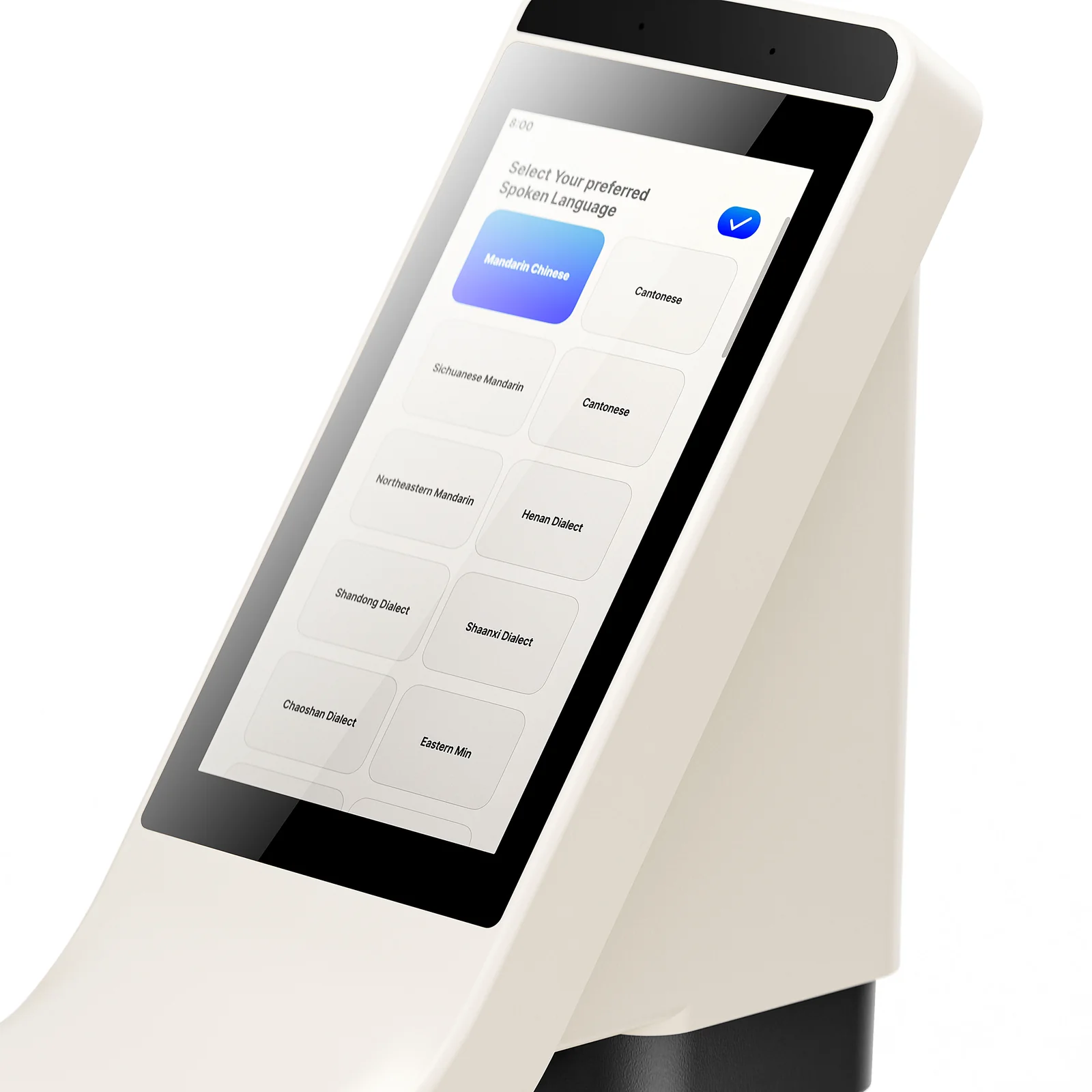 Close-up of the 5.7-inch display showing the spoken-language selection screen