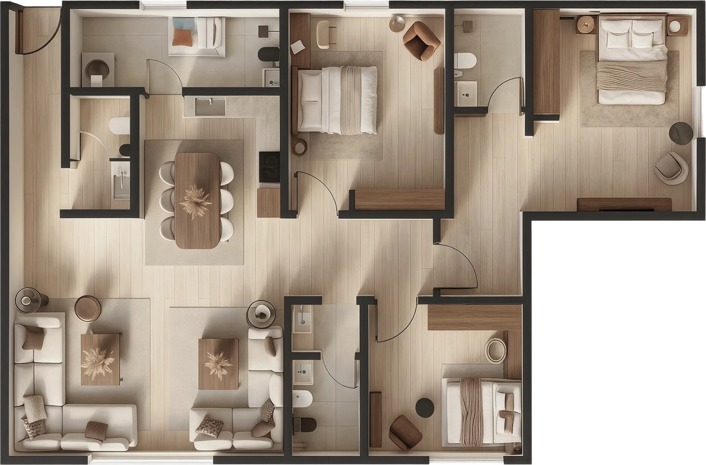 Floor plan of an apartment: entry, kitchen, dining, living room, two bedrooms, guest room and bathrooms