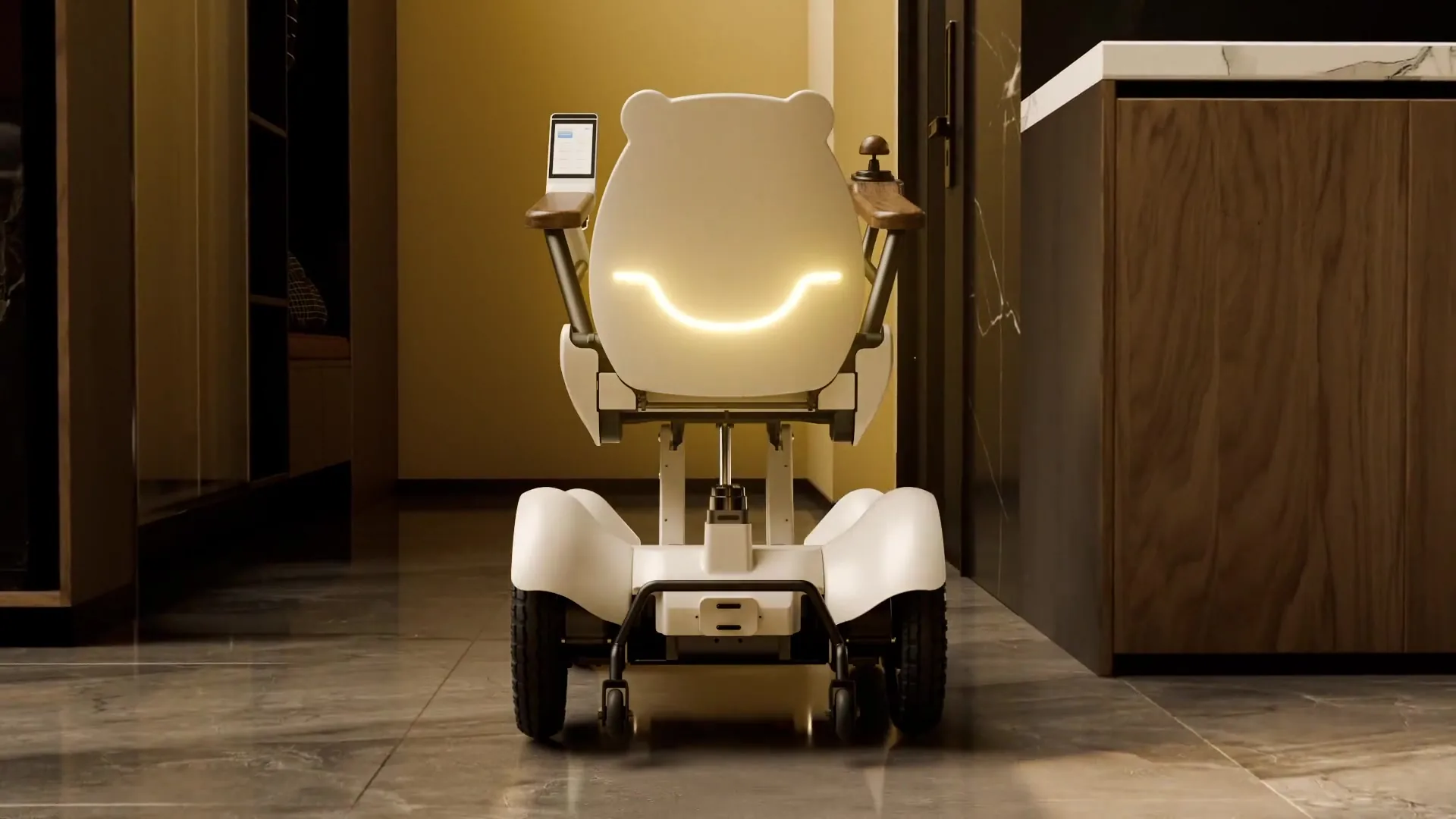 CIHANG driving down a wood-panelled corridor, backrest light on
