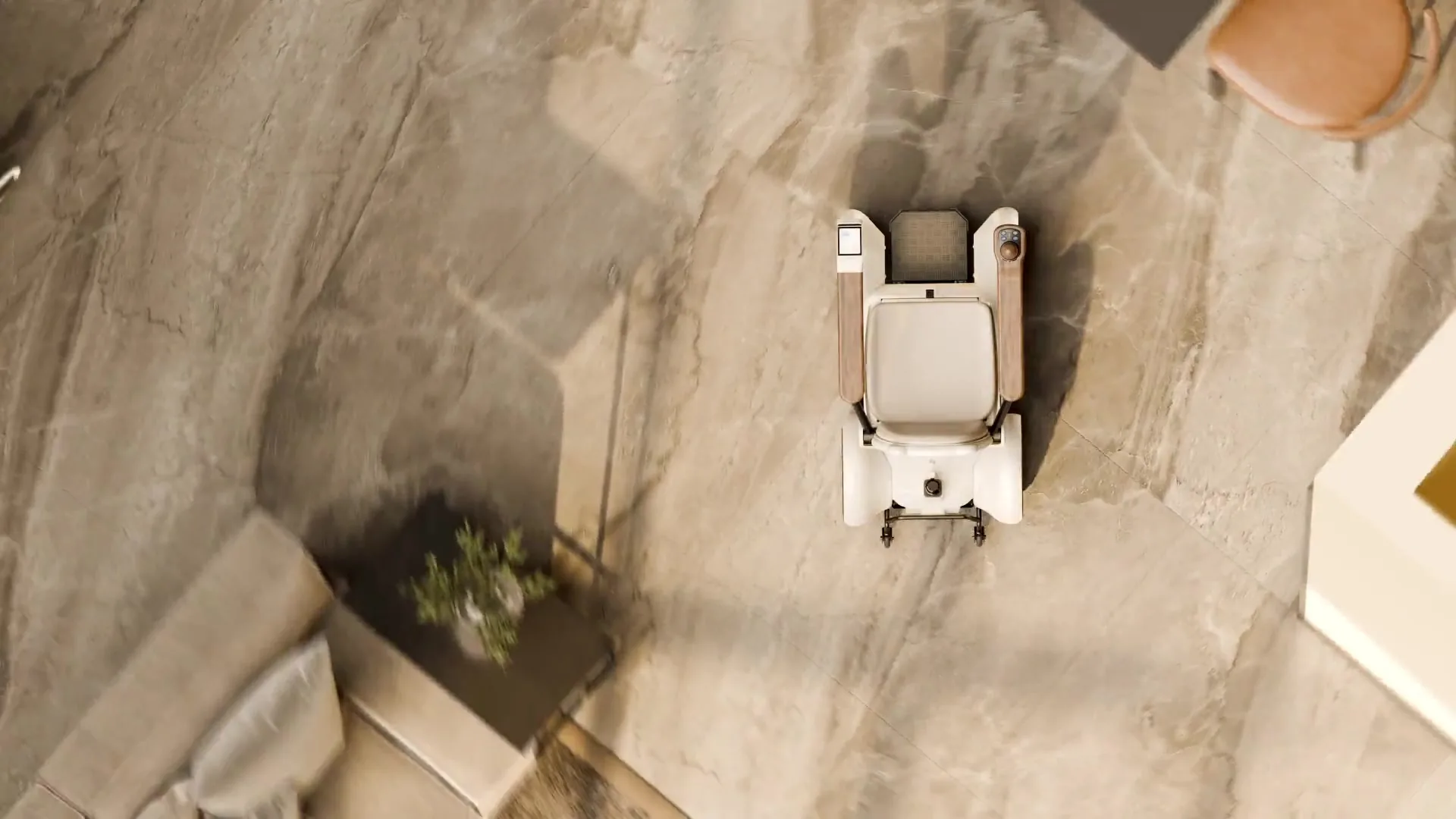 Overhead view of CIHANG on a marble floor beside a sofa