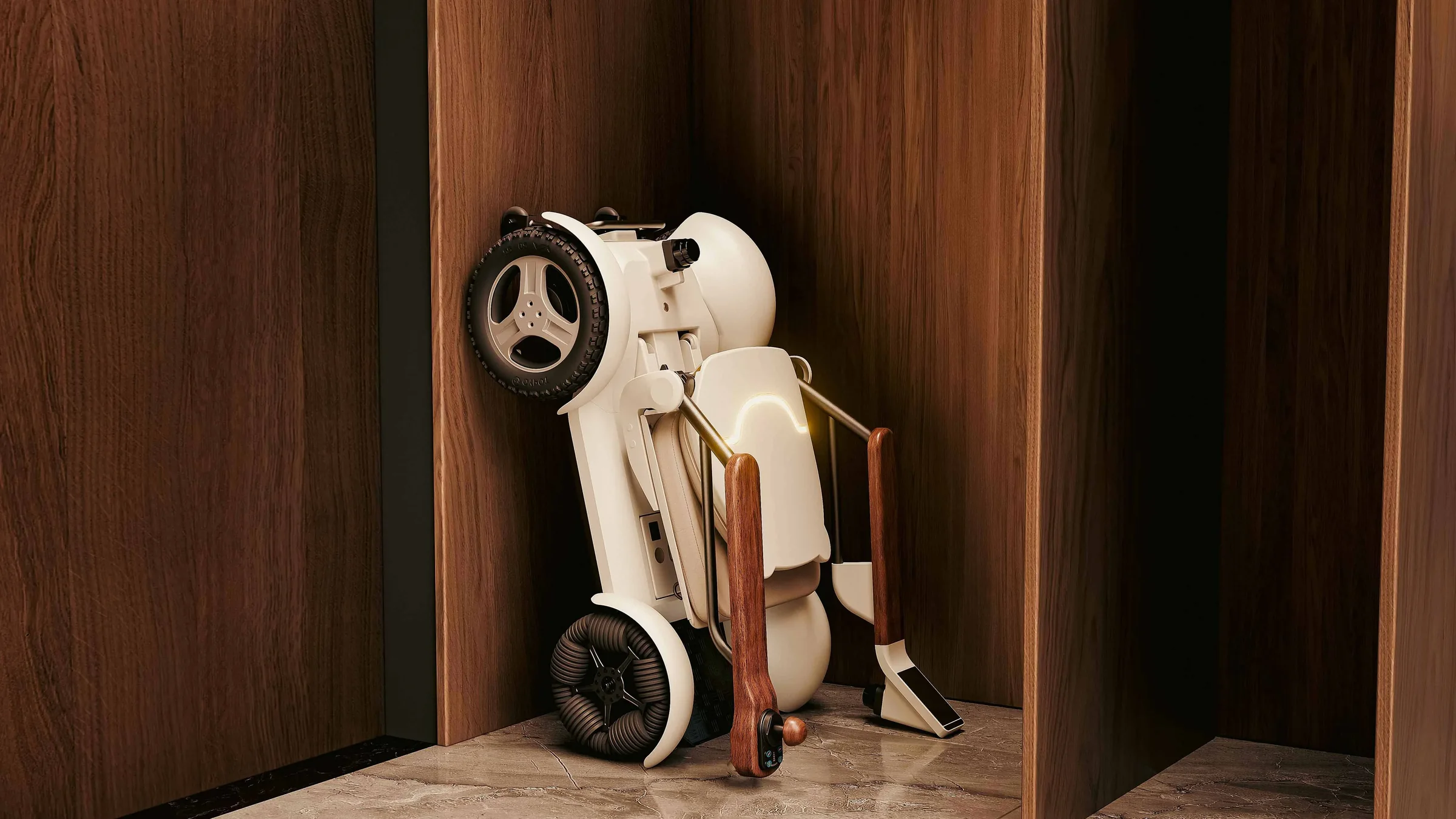 CIHANG folded and stored upright inside a walnut wardrobe
